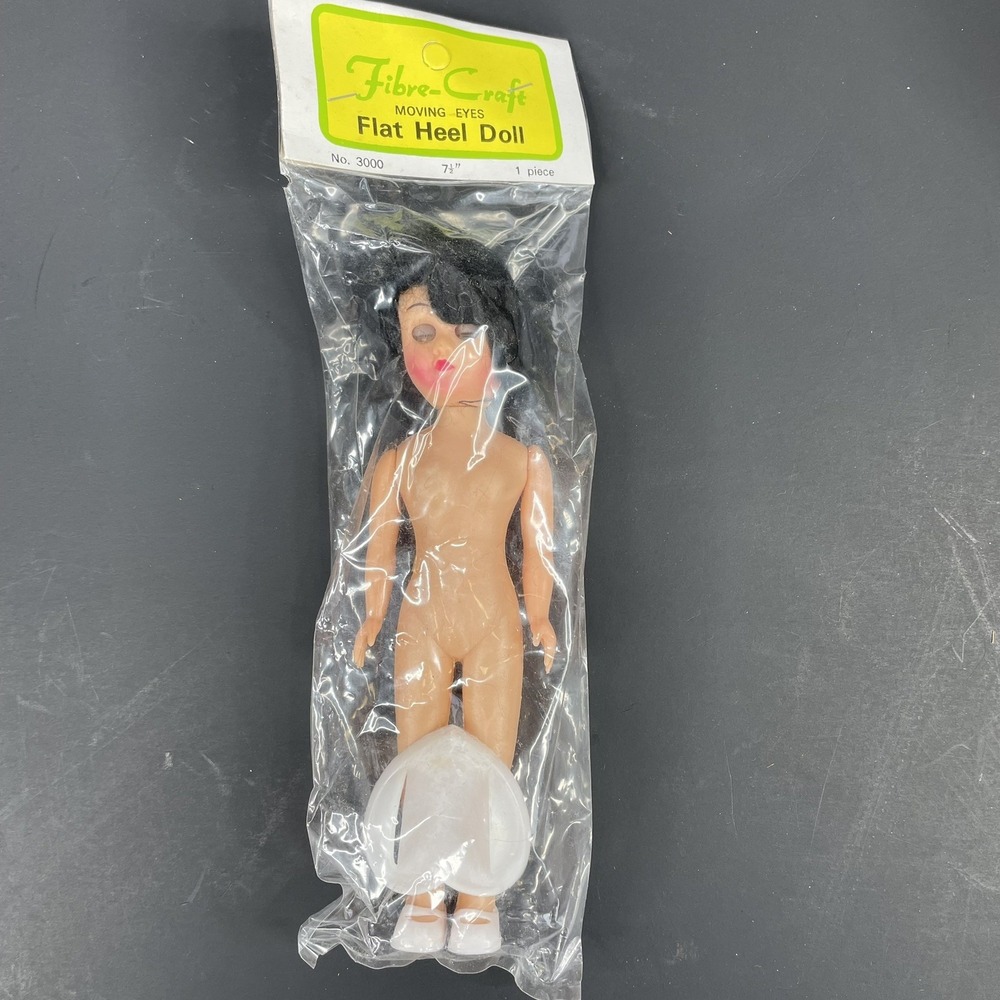 Vtg Fibre Craft 7.5" Flat Heel Doll BLACK Hair MOVING EYES Stand NIP 3000 P395